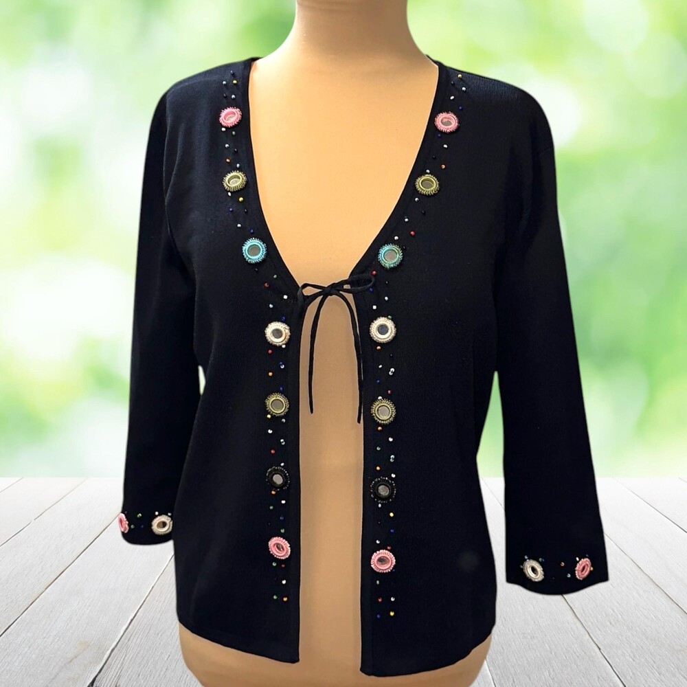 Vintage JOSEPH A Embroidered Cardigan Sweater Beaded Shisha Mirror Boho Black M